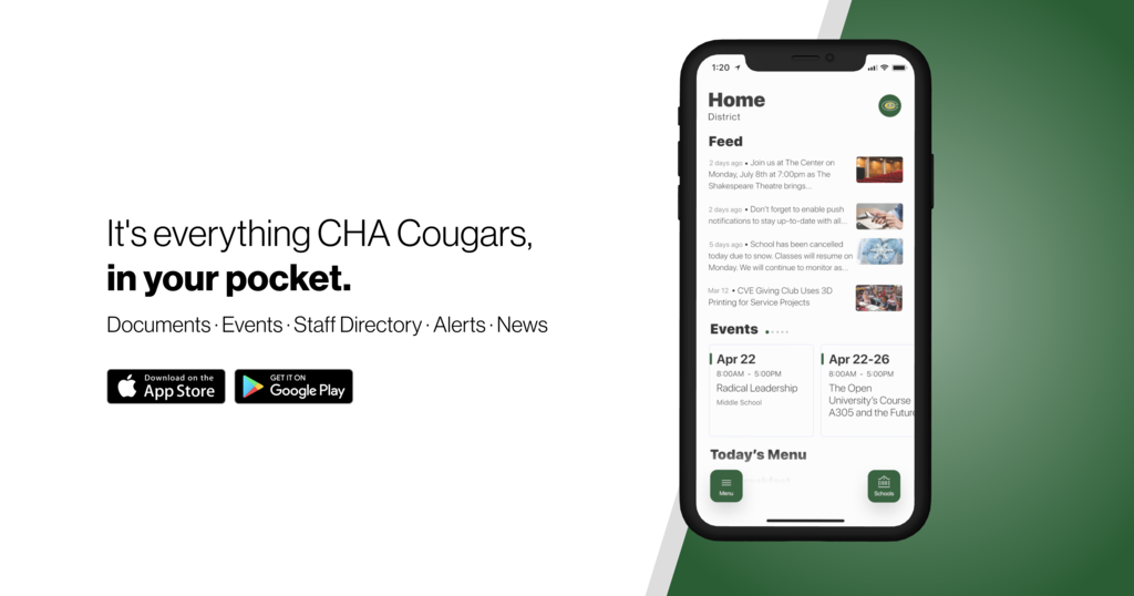 Poster pointing to our new mobile app: CHA Cougars.